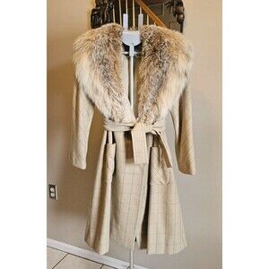 Vintage 1970s Joan Leslie Kasper Wool Coat Real Fur Collar Belted S Windowpane